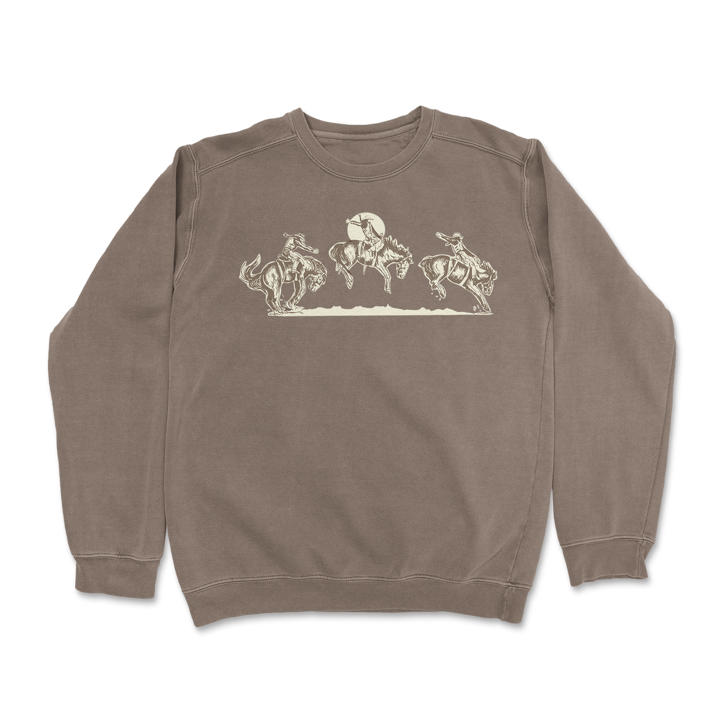 Shop our light brown crewneck sweatshirt with a hand-printed rodeo bronc graphic