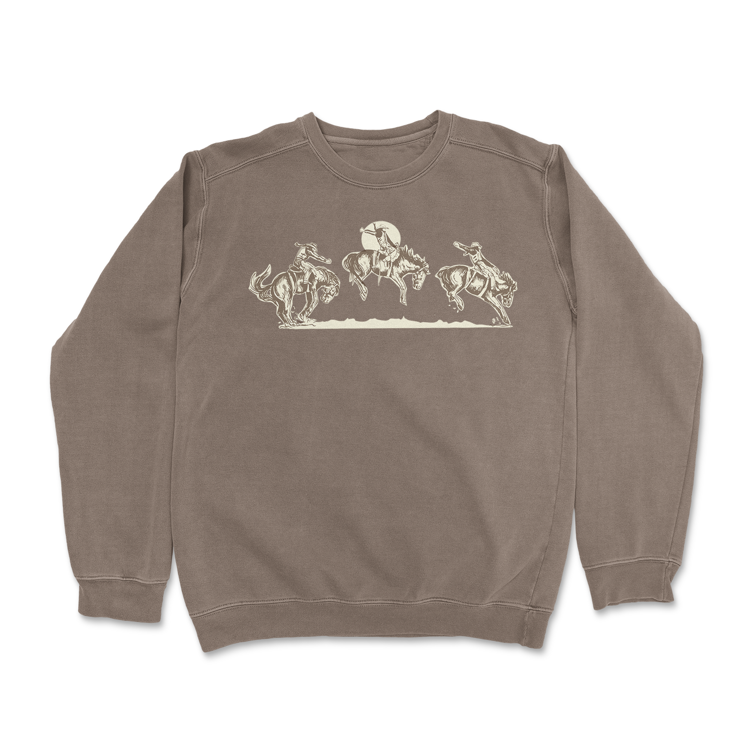 Shop our light brown crewneck sweatshirt with a hand-printed rodeo bronc graphic