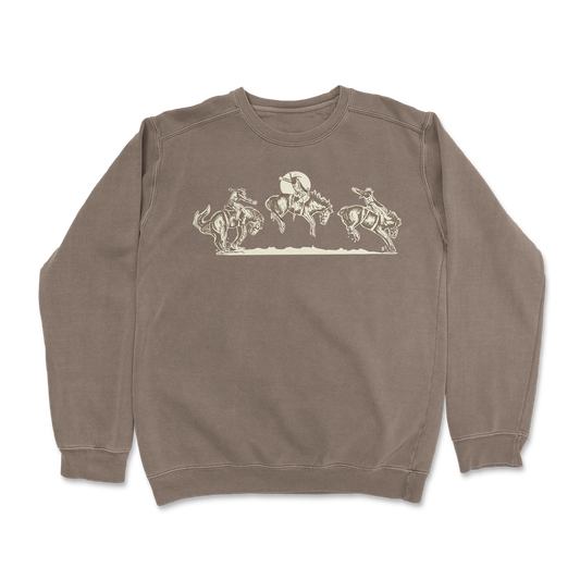 Shop our light brown crewneck sweatshirt with a hand-printed rodeo bronc graphic
